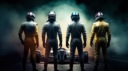 Poster Im Rahmen Men in leather costumes and helmet, racers standing in a line over dark background with smoke. Champions, winners. Concept of motor sport, racing, competition, speed, win, success, power © master1305