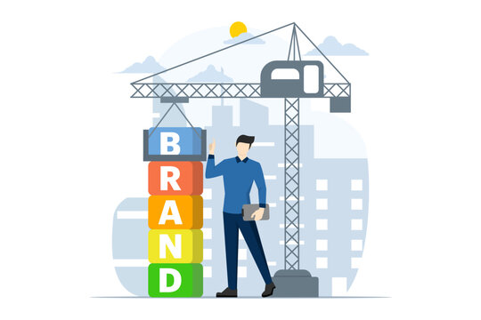 Brand Building Concept. Businessman Creating Corporate Identity, Brand Communication. Marketing Promotion Campaigns. Reputation management, brand building construction machine, Vector Illustration.
