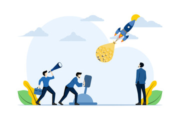 Concept of many ideas for starting a business. The process of starting a business project, ideas through planning and strategy, time management. an idea carried by many rockets. vector illustration.
