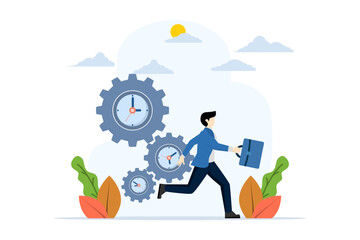 time management concept, office worker character running with clock and gears. Time limits and peak hours. Time organization efficiency. deadlines. Good business processes. office entry limit.