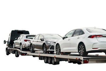 Isolated tow truck on white background. Close-up of a Tow truck with the car on the highway. Car...