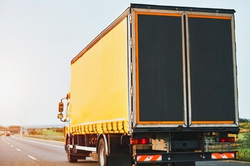 Truck on the highway. Delivery Truck on the road through the countryside. Ground shipping concept.
