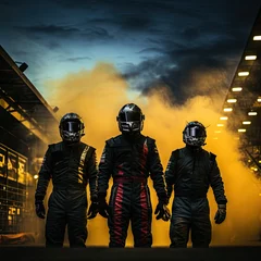 Tuinposter Men in leather costumes and helmet, racers standing in a line over dark background with smoke. Champions, winners. Concept of motor sport, racing, competition, speed, win, success, power © master1305