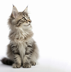 Close-up of cute striped fluffy kitten looking up on white background with copy space
