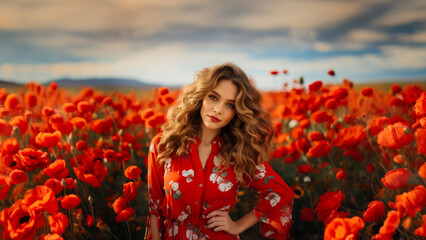 Naklejka premium Portrait of an adult woman against the background of blooming red poppies, concept poster for International Women's Day and all lovers