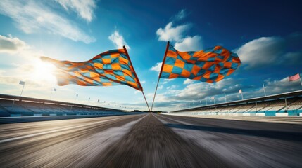 Colorful flags on empty racing road, racing track on daytime. Ready, steady, go. Race competition. Concept of motor sport, racing, competition, speed, win, success and power