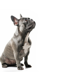 Portrait of french bulldog looking up on white background with copy space