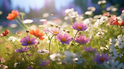 Vibrant wildflowers blooming in sunlit meadow. Spring and nature.