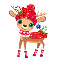 Christmas reindeer with decorations. A small cute cartoon deer dressed in a red knitted hat and decorated with Christmas balls, bows, and candies