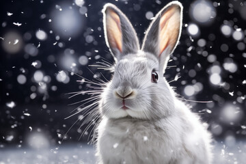 rabbit in snow, snowing, winter