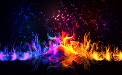 Fire collision red and blue background, versus banner. Powerful colored fire and the flash from the collision. Confrontation concept, competition vs match game. Battle game background. Versus Vector