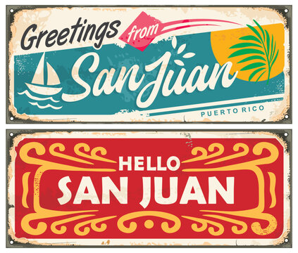 Greetings from San Juan Puerto Rico, vintage postcard designs. Retro souvenires from tropical destinations. Travel and vacation vector illustration.