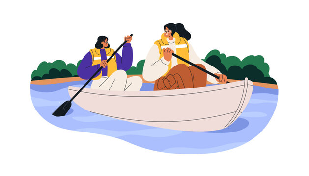 Women in boat on summer holiday. Girls friends rowing with paddles, floating on river, lake water in nature. Female characters, outdoor leisure. Flat vector illustration isolated on white background
