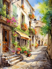 Fototapeta na wymiar Mons Var Provence France Watercolor Painting, a watercolor painting of a street with buildings and stairs.