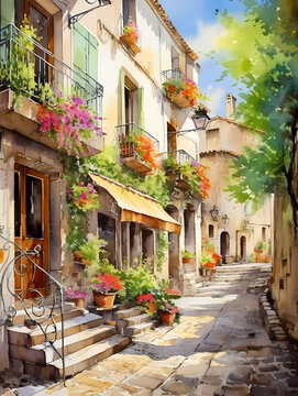 Fototapeta Mons Var Provence France Watercolor Painting, a watercolor painting of a street with buildings and stairs.