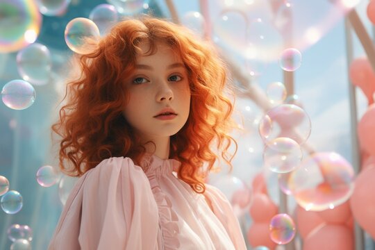Portrait of a Young Girl with Red Curly Hair Surrounded by Colourful Bubbles. A young red haired girl with colourful bubbles floating around her head.