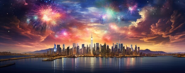 Night view on celebration of new year with colorful fireworks, panorama banner. Generative Ai.