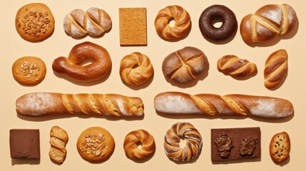 Various bakery products handmade on beige background. Creative layout with bread, buns, croissant, bread loaves and pretzels. Flat Modern minimal food photography.