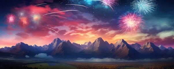 Naklejka premium Night view on celebration of new year with colorful fireworks, panorama banner. Generative Ai.