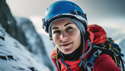 A woman climber wearing a helmet.