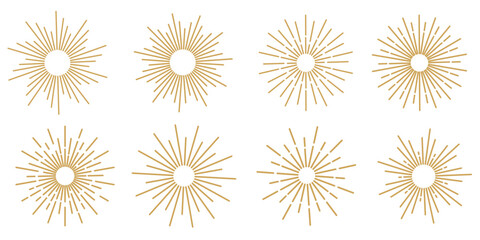 Gold retro sunburst clip art set, vector sunray illustration, decorative element collection - obrazy, fototapety, plakaty