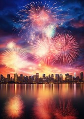Obraz premium Night view on celebration of new year with colorful fireworks. Generative Ai.