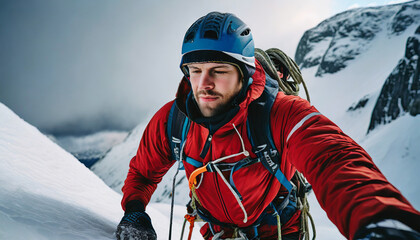 A male mountaineer in snowy mountains.
