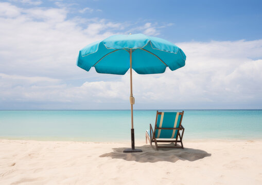Generative AI image of two chairs and an umbrella at a white sandy beach
