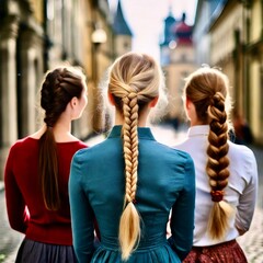 Junge Frauen mit Zopffrisuren beim Stadtbummel.
Mädchen, lange Haare, Zöpfe, Frisuren.