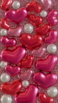 A looping vertical 3D video features red hearts and white balloons falling to the ground and then falling again. The 3D rendered animation in the concept of love and Valentine's Day.