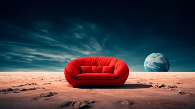 Empty red sofa on the alien planet with a view of space. Concept for space exploration, space travel.