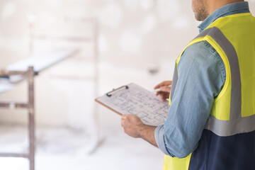 Professional architect studying project drawing of house renovation holding clipboard in hands man in vest standing in premise in process of reconstruction