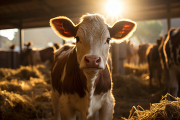 large village cowshed, cows standing inside cowshed illuminated morning sun, lot clean hay  - obrazy, fototapety, plakaty
