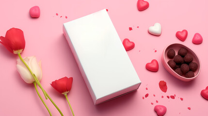 valentine box mockup with rose and pink and white chocholates