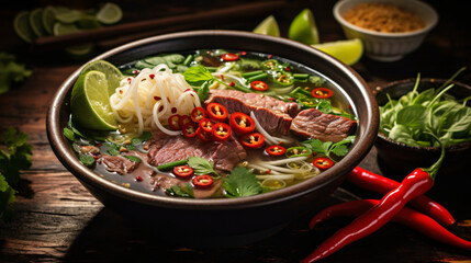 Pho Bo traditional Soup with beef rice noodles ginge