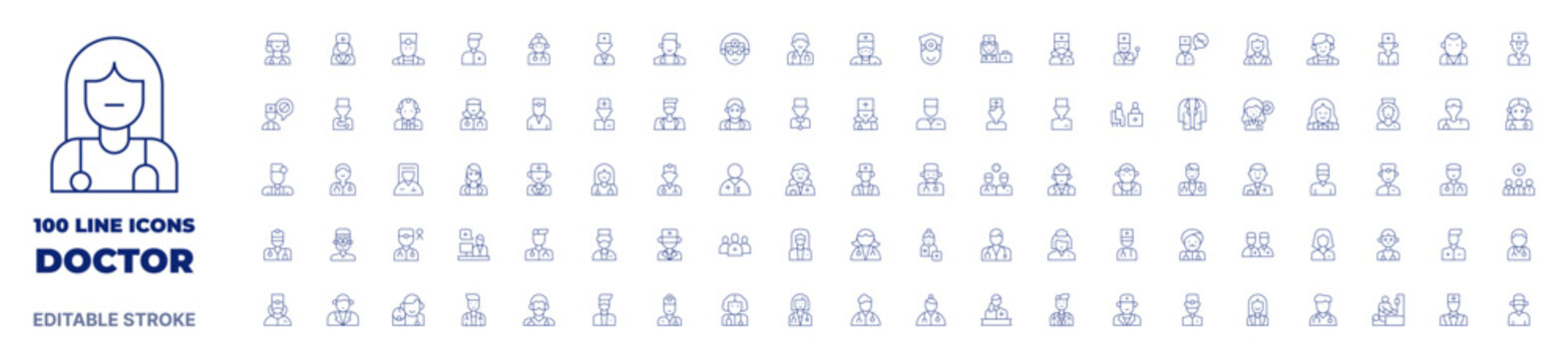 100 icons Doctor collection. Thin line icon. Editable stroke. Doctor icons for web and mobile app.