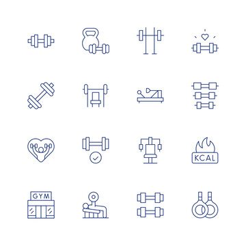 Gym line icon set on transparent background with editable stroke. Containing dumbbell, dumbbells, kcal, gymnastics, gym machine, pilates, gym station, exercise, fitness, weight lifting, physical.