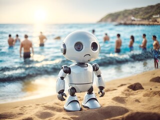 A sad robot because it is unable to swim - obrazy, fototapety, plakaty