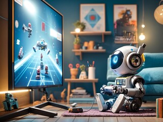 a cute robot playing video games