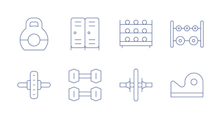 Gym icons. Editable stroke. Containing weights, pilates, contour step barrel, wheel, locker, dumbbell, roller.