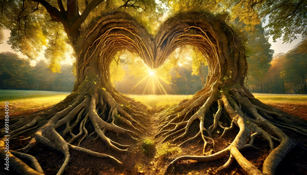 Poster old twisted roots coming out of the ground, transforming into a two heart shaped trees with a footpa