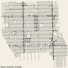 Fototapeta premium Detailed hand-drawn navigational urban street roads map of the AUBURN GRESHAM COMMUNITY AREA of the American city of CHICAGO, ILLINOIS with vivid road lines and name tag on solid background