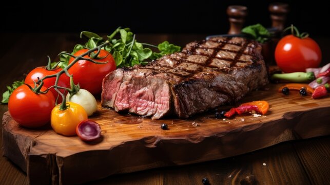 Thick, juicy grilled steak served with tomatoes and grilled vegetables on an old wooden board.