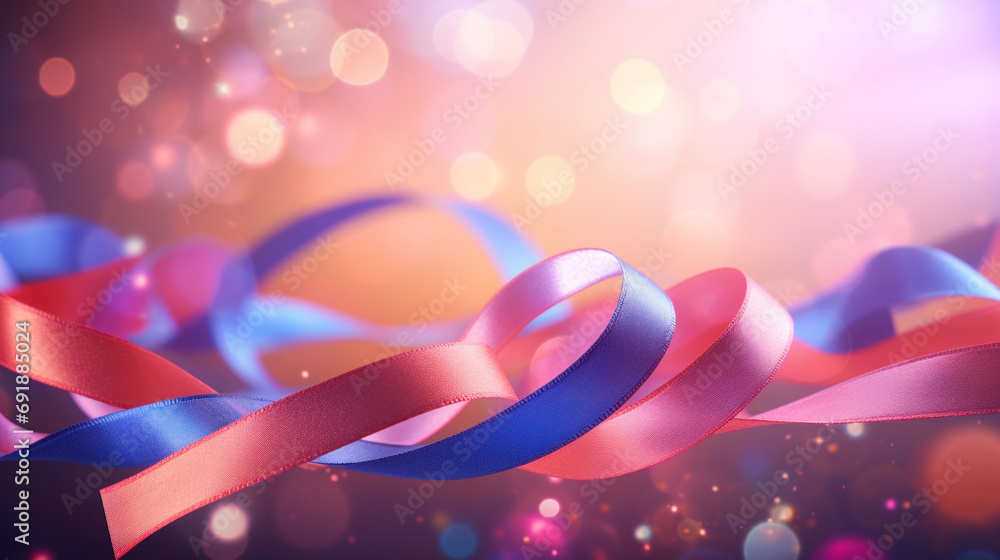 Poster abstract background with confetti on colorful ribbons on bokeh background