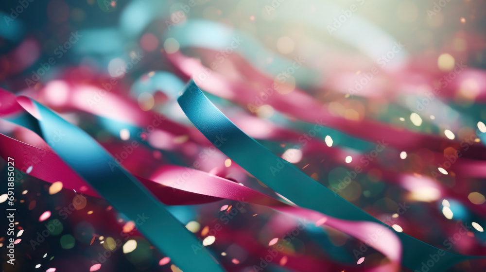Poster abstract background with confetti on colorful ribbons on bokeh background