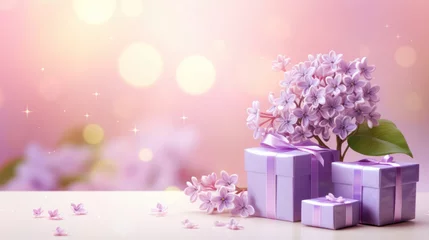 Poster Gift box with lilac flowers on pink table and bokeh background © tashechka