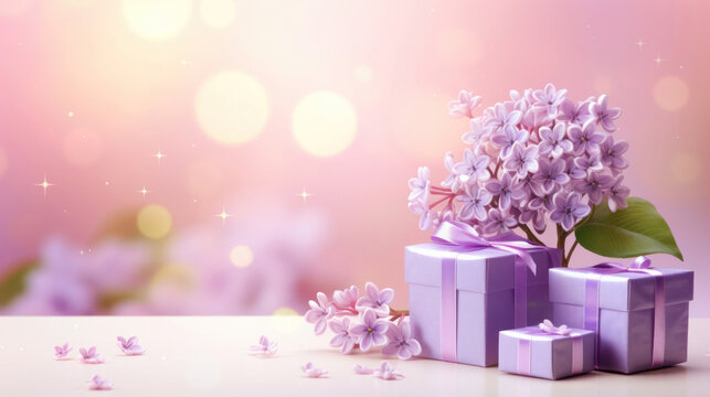Gift box with lilac flowers on pink table and bokeh background