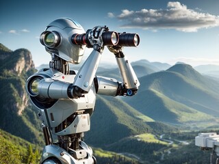 a robot looking through binoculars at a scenic landscape - obrazy, fototapety, plakaty