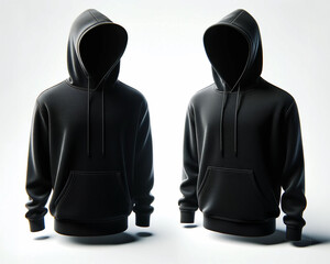 Men's Black Blank Hoodie Template, Dual-Sided Natural Shape on Invisible Mannequin, Design Mockup for Print, Isolated on White Background. Generative Ai.
