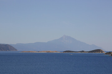 A view from the sea to Holy mount Athos, Halkidiki, Greece.